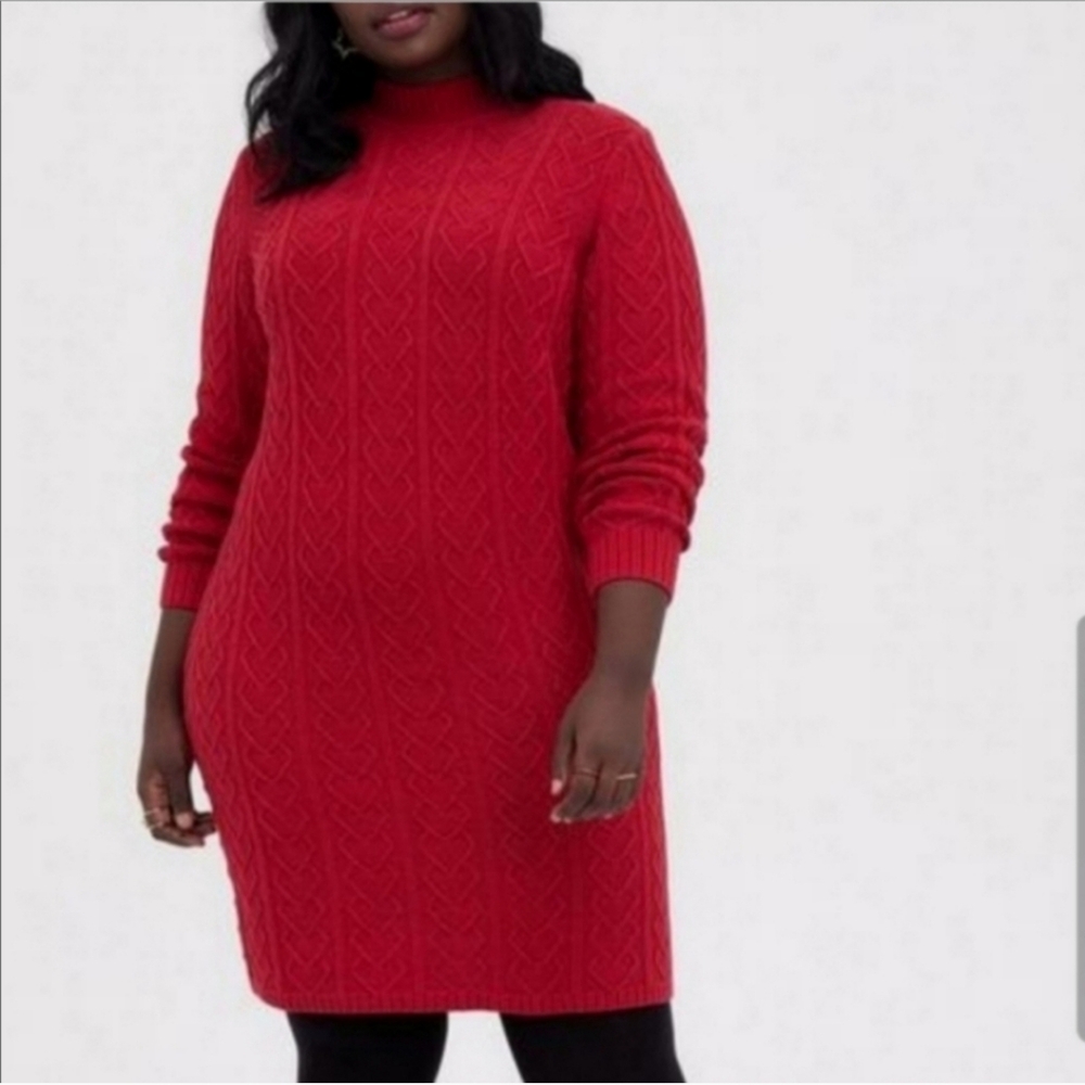 Torrid Mock Neck Mini Dress Chunky Cable Knit Heart Red